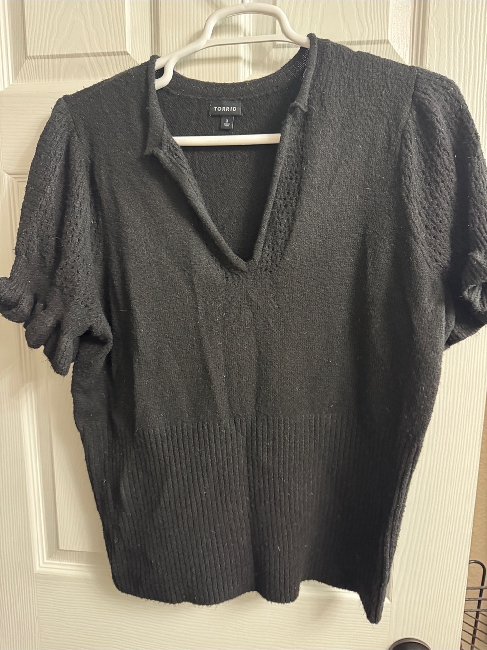 torrid Black Short Sleeve V-Neck Knit Top with Textured Sleeves